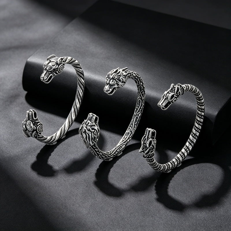 Nordic Viking Double-Headed Animal Head C-Shaped Open Bracelet Double-Headed Dragon