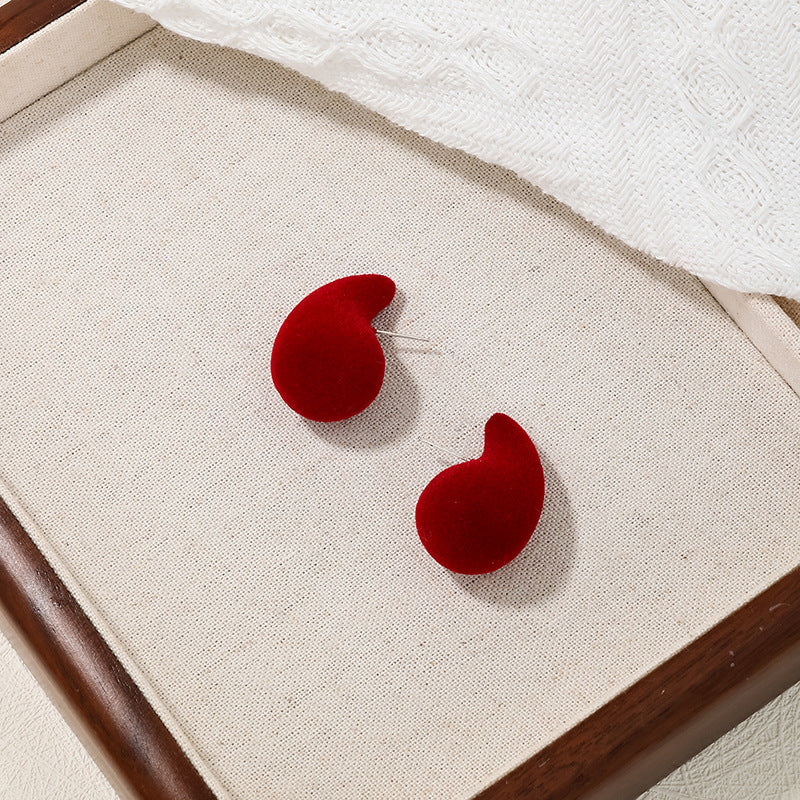 Sweet Red Flocked Pea Shape Stud Earrings - Vienna Verve Collection