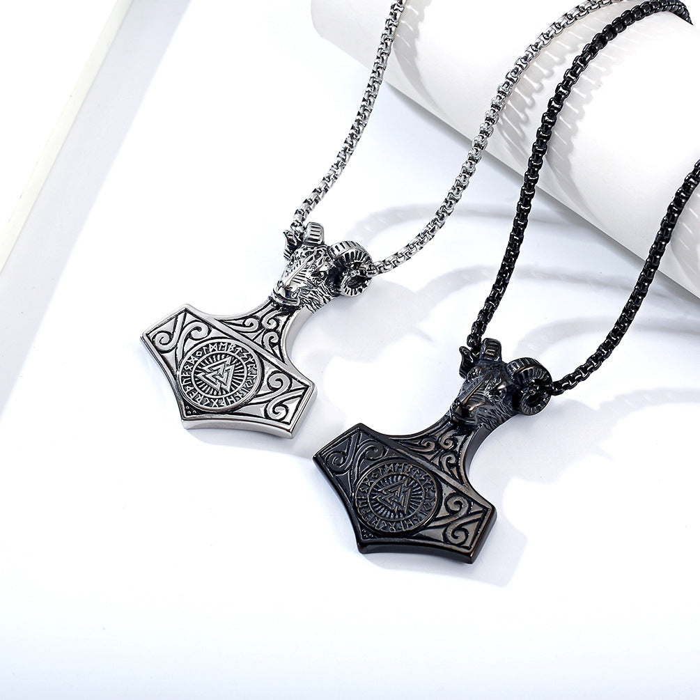 Planderful Viking Thor Hammer Necklace Titanium Steel With Ram Head And Compass Pendant For Men