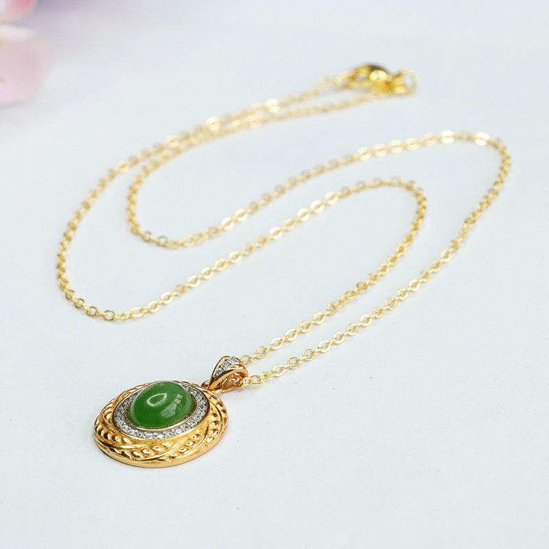 Vintage Antique Necklace with Hotan Jade and Zircon Oval Pendant