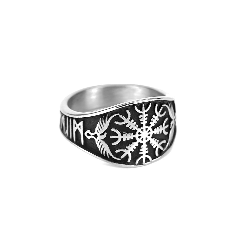 Planderful Viking Rune Ring For Men Personalized Celtic Compass Crow Design In Titanium Steel
