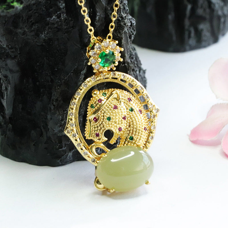 Leopard Head Jade Pendant with Zircon Accents