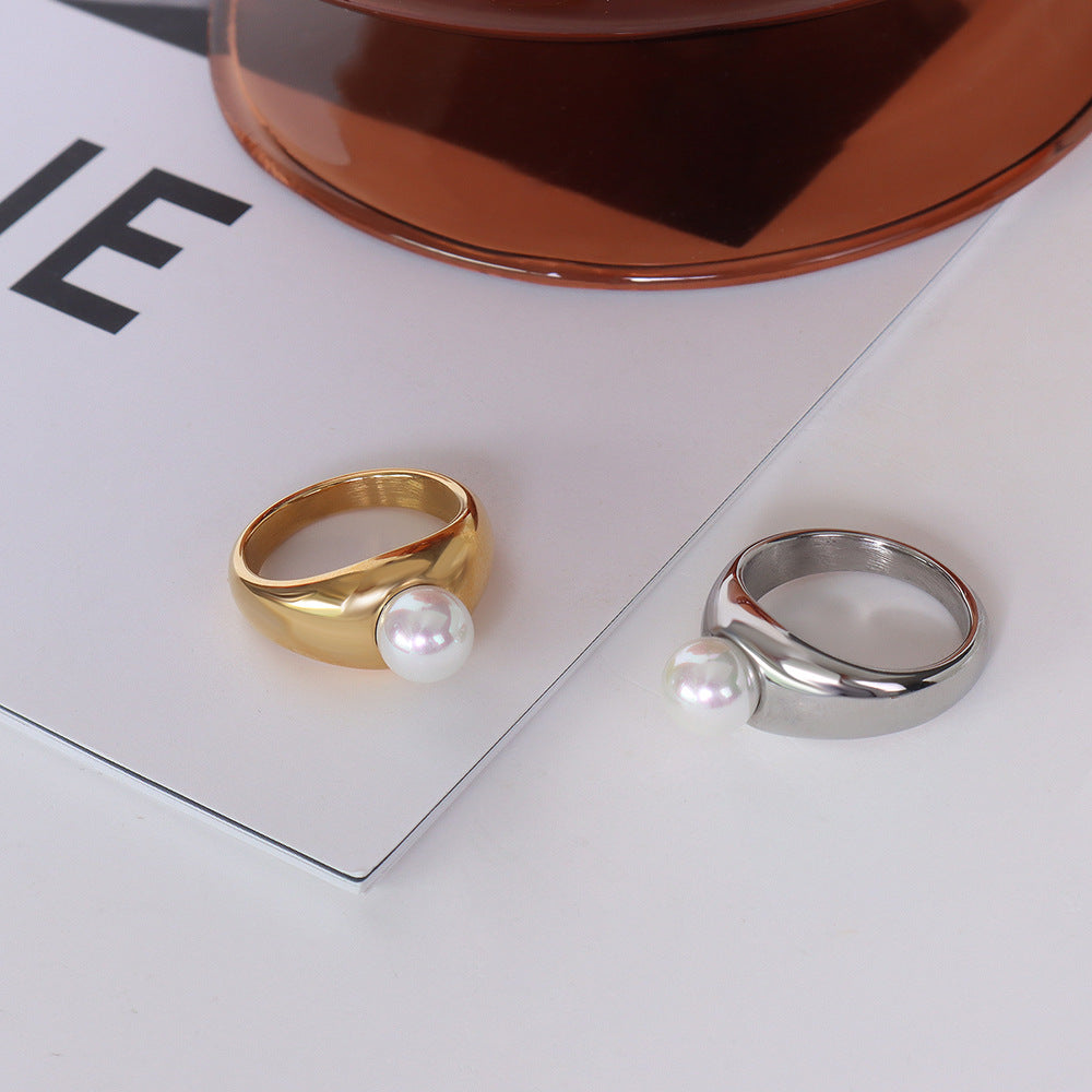 Gilded French-inspired Faux Pearl Ring - Stackable Statement Jewelry for Women