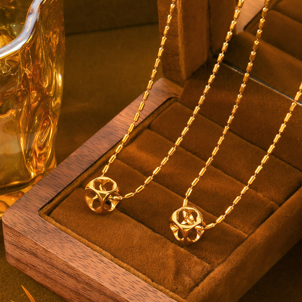 Golden Box Pendant Titanium Bead Chain Necklace with Hollow Design
