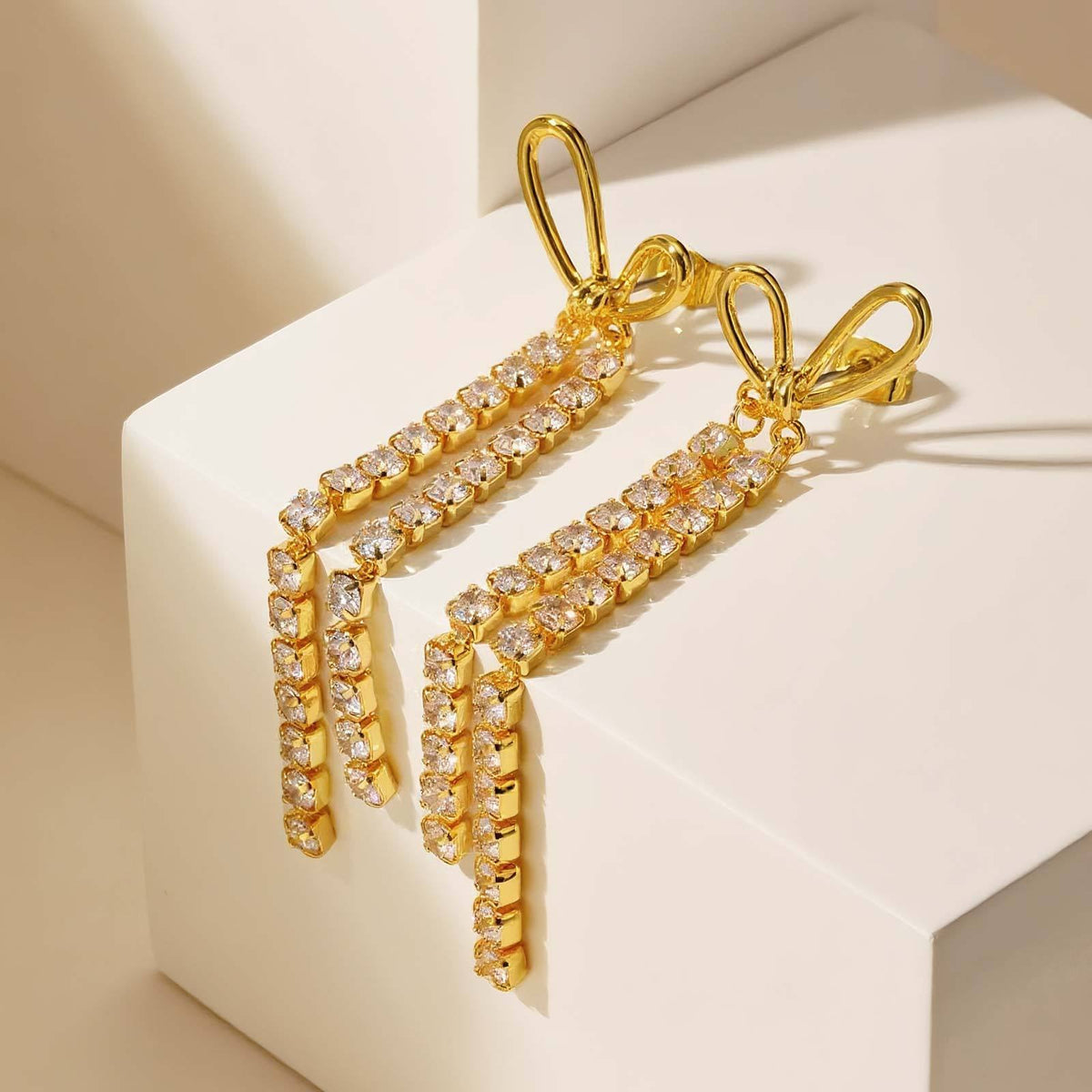 Copper Material Long Love Zircon Bow Fringed Earrings