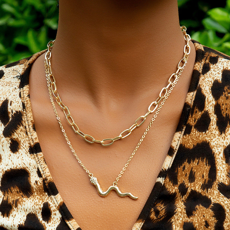 Double Layer Snake Necklace with Cross-Border Charm