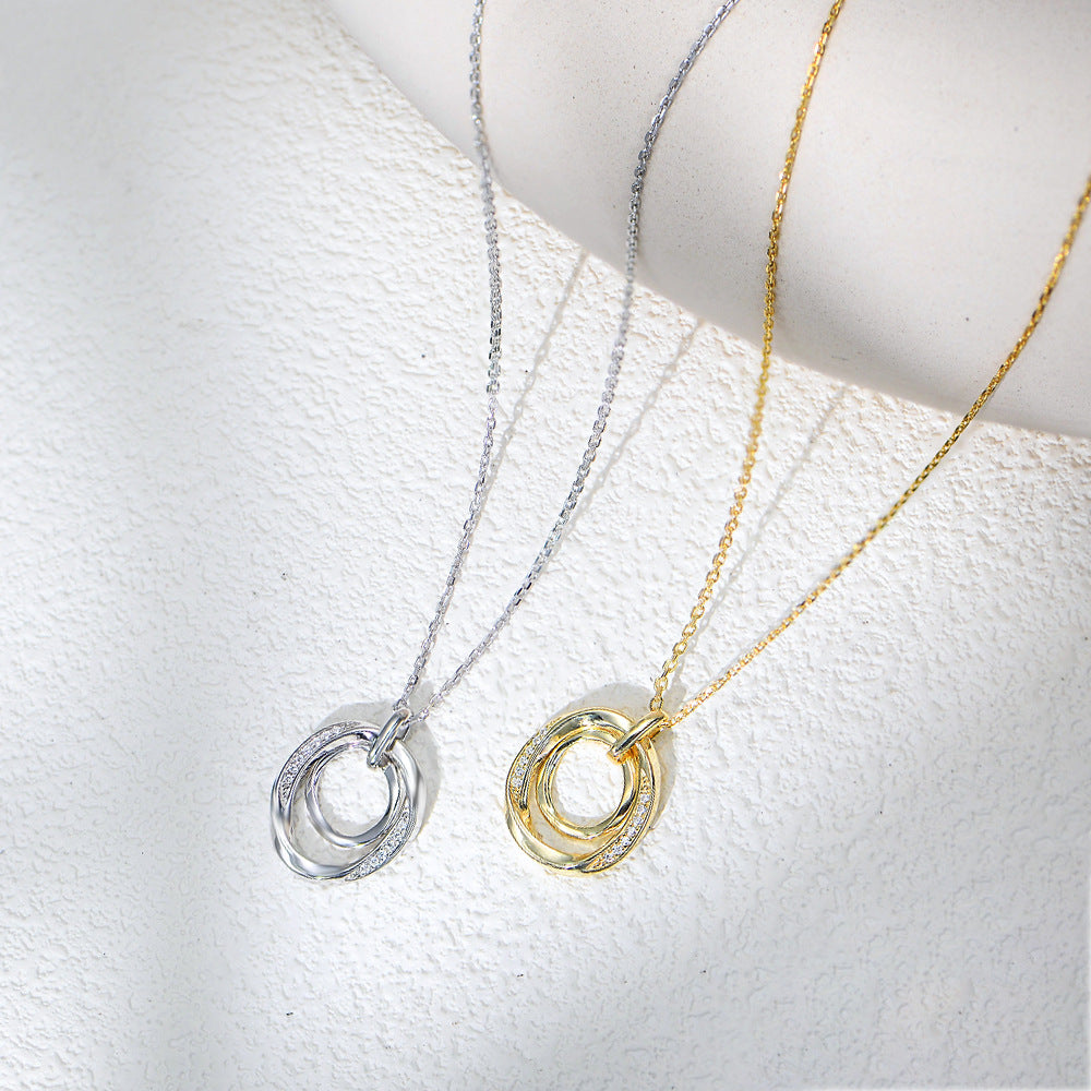 Planderful S925 Sterling Silver Zircon Necklace For Women Retro Light Luxury Double Ring Circle Collarbone Chain