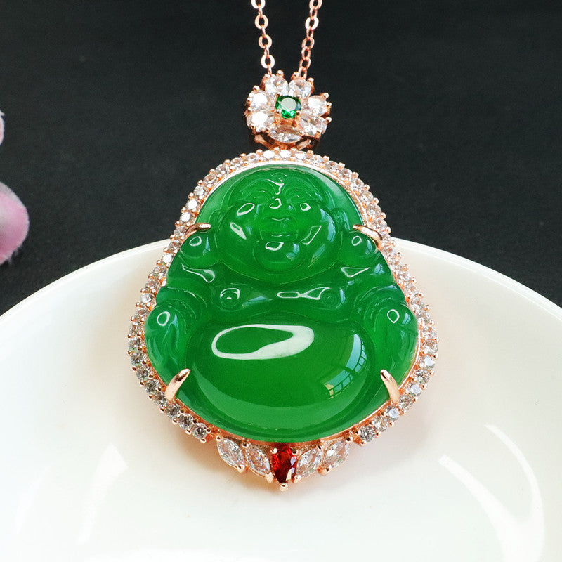 Chalcedony Buddha Pendant Necklace with Zircon Accents