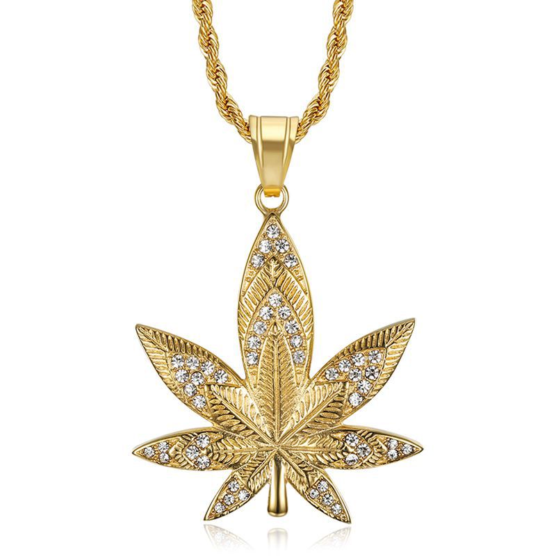 Hip Hop Jewelry Titanium Gold Plated Zircon Maple Leaf Pendant Necklace By Planderful For Urban Fashion Fans