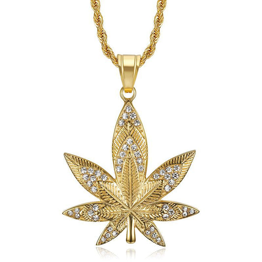 Hip Hop Jewelry Titanium Gold Plated Zircon Maple Leaf Pendant Necklace By Planderful For Urban Fashion Fans