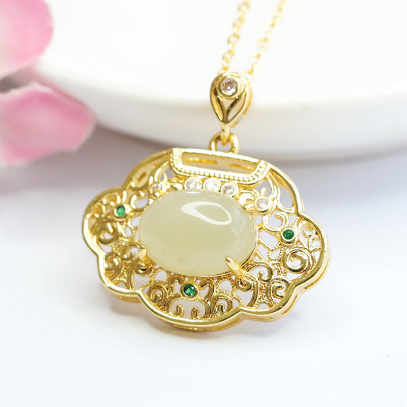 Oval Hollow Natural Hotan Jade Ruyi Lock Fortune's Favor Pendant