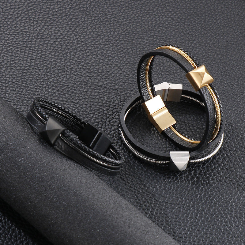 Planderful Titanium Steel Woven Cowhide Bracelet For Men