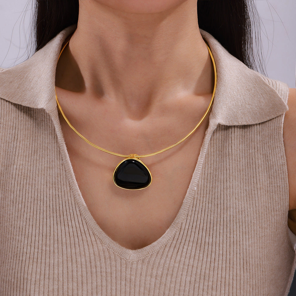 Geometric Snake Chain Black Agate Pendant Necklace - Personalized Titanium Steel Jewelry