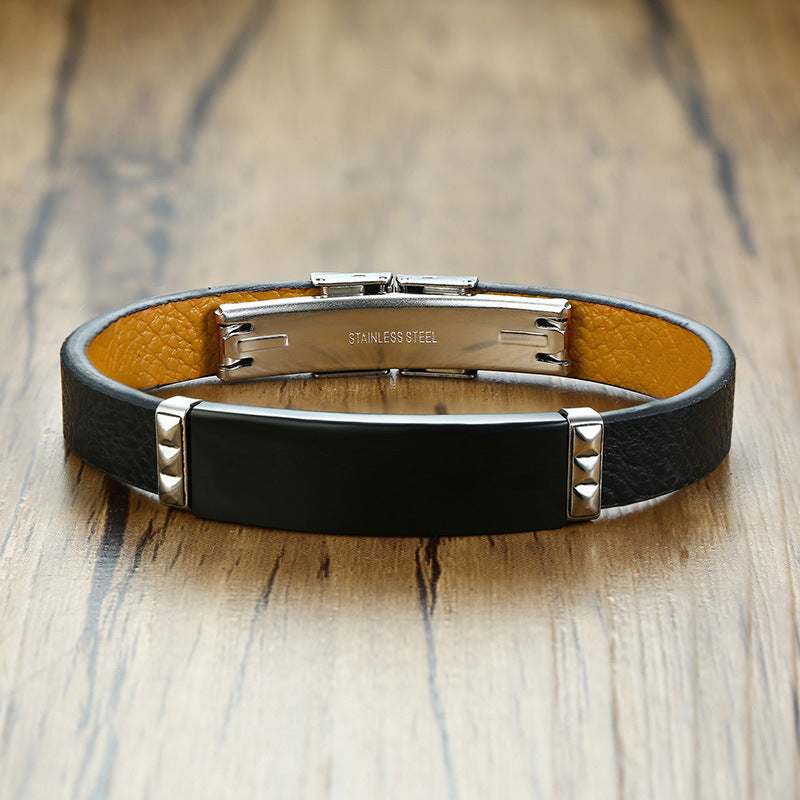 Stainless Steel Curved Leather Bracelet Men's Trendy Black Bracelet