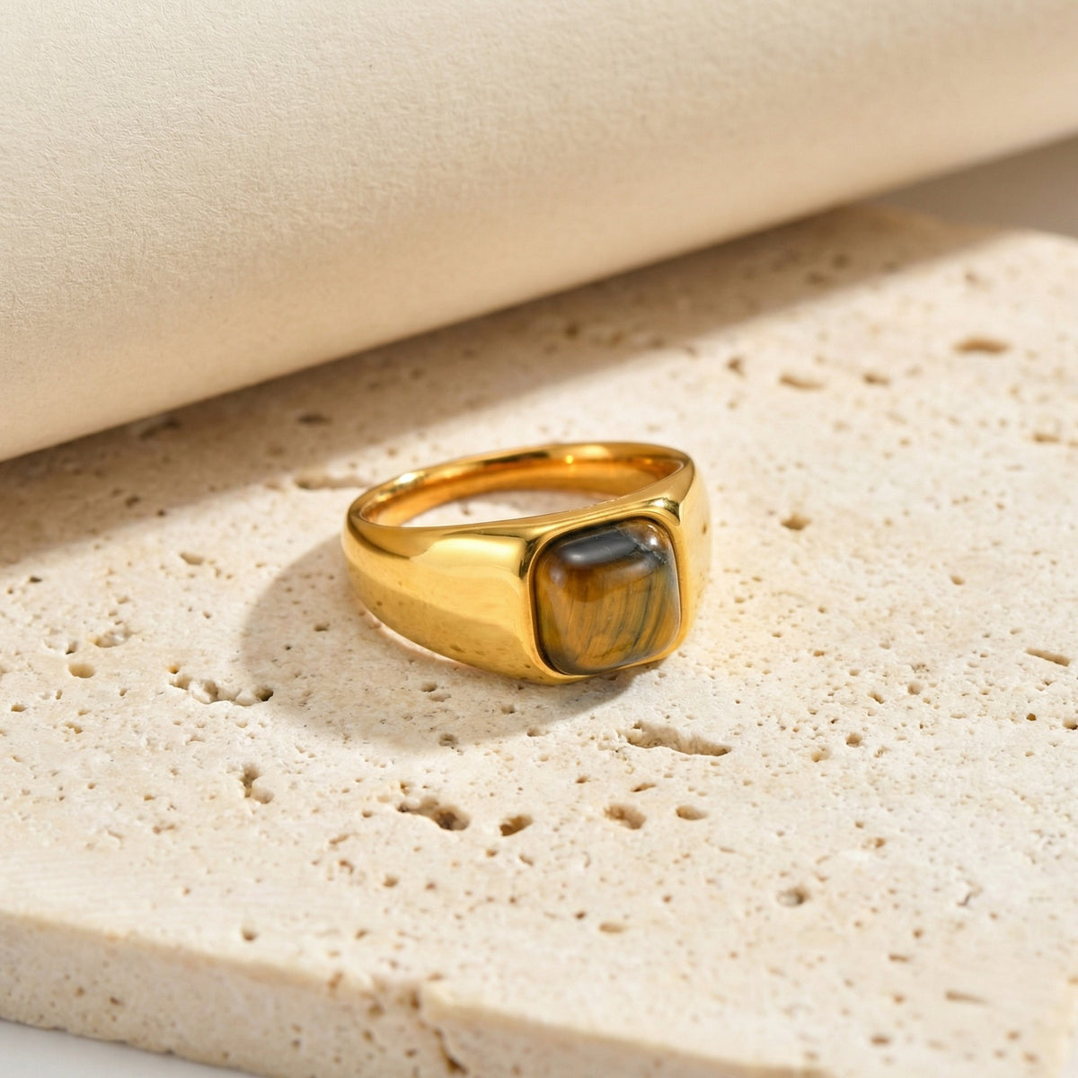 Stainless Steel Water Drop Natural Tiger's Eye Stone Oval Heart-Shaped Dongling Jade Ring
