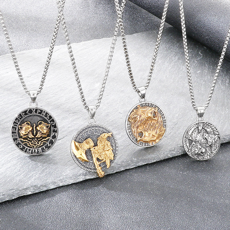 Nordic Viking Mythology Tomahawk Raven Totem, Retro Double Wolf And Crow Titanium Necklace