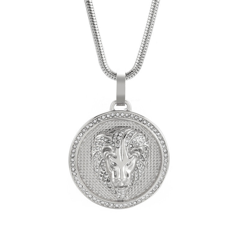 Rock Hip Hop Round Pendant, Retro Electroplated 18k Gold Slightly Inlaid Zircon Lion Necklace