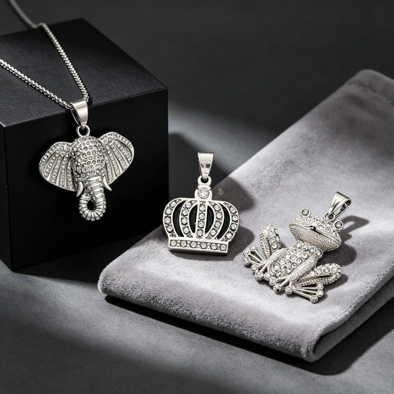 Hiphop Hip Hop Crown Auspicious Pendant, Rock Club Full Of Zircon Cartoon Frog Necklace