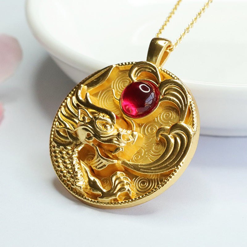 Lab-Grown Ruby Leaping Dragon Pendant — No Chain