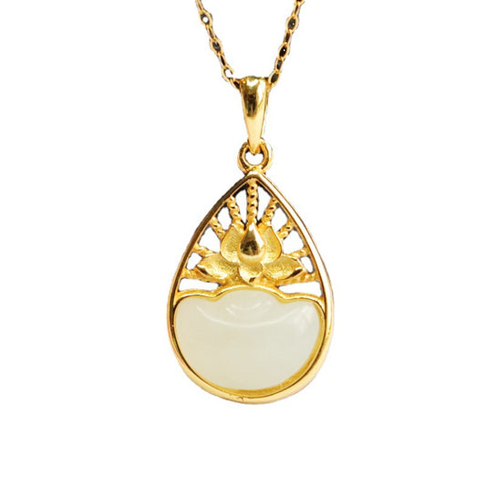 Sterling Silver Lotus Water Drop Necklace with Natural Hetian Jade Accent Piece