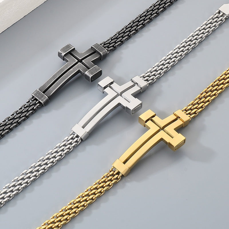 Men Wear – Stainless Steel Curved Bar Hollow Cross Men's Bracelet Can Be Adjusted