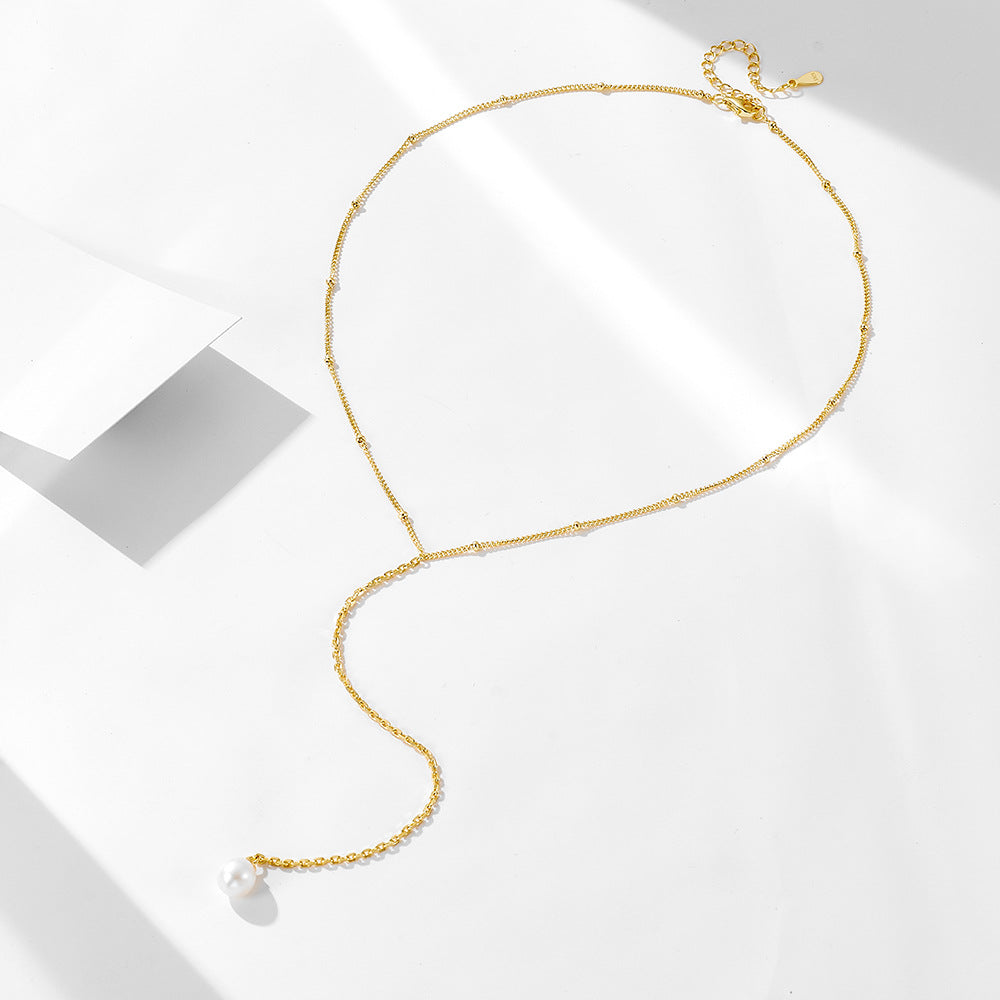S925 Sterling Silver Y-Shaped Natural Cultured Pearl Collarbone Necklace Long Fringed Chain Sweater