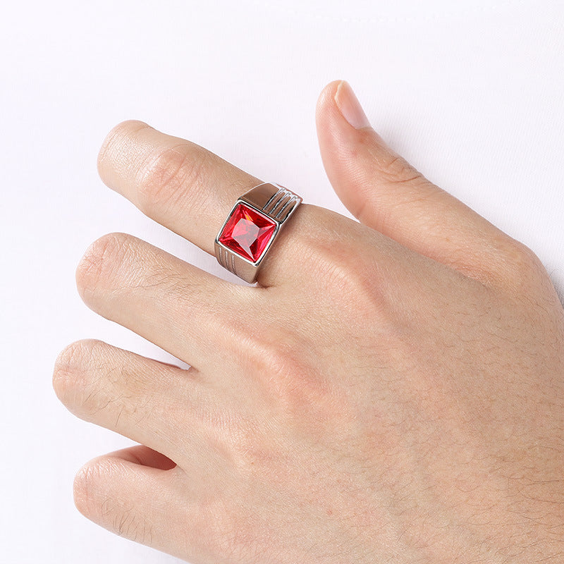 Popular Vacuum Electroplated Rings, Retro Square Red Gemstone Titanium Steel Trendy