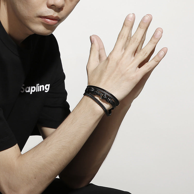 Planderful Mens Leather Bracelet Magnetic Buckle Steel