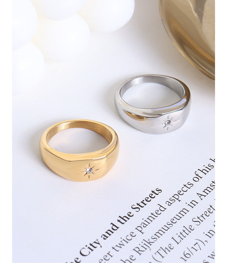 Retro European Titanium Stacked Ring with Zircon - Gold Plated Unisex Jewelry