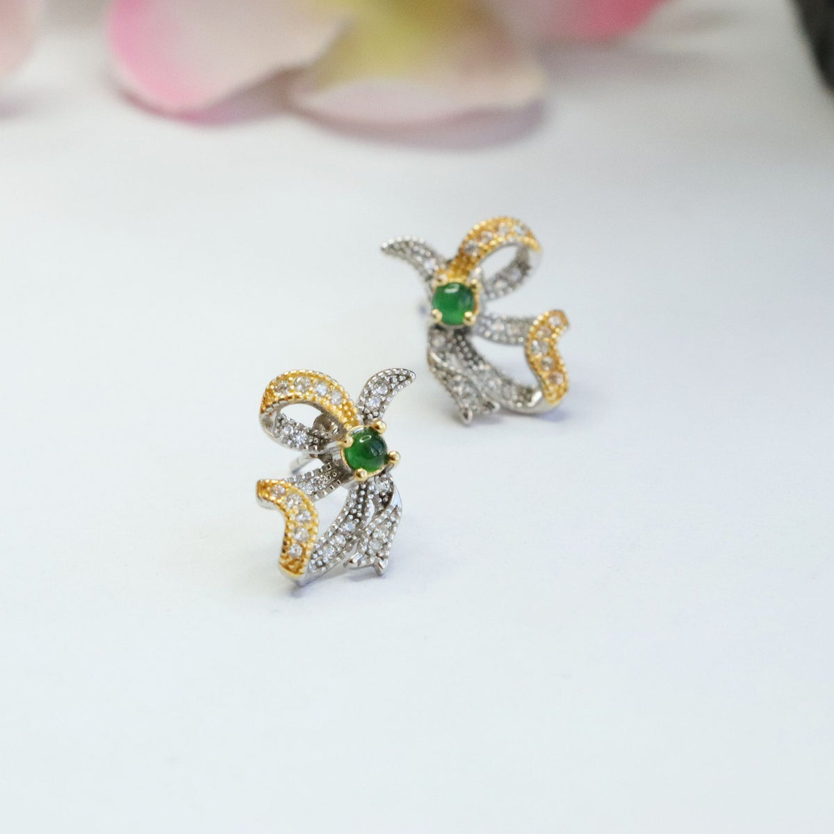 Icy Green Jadeite Bow 925 Silver Stud Earrings