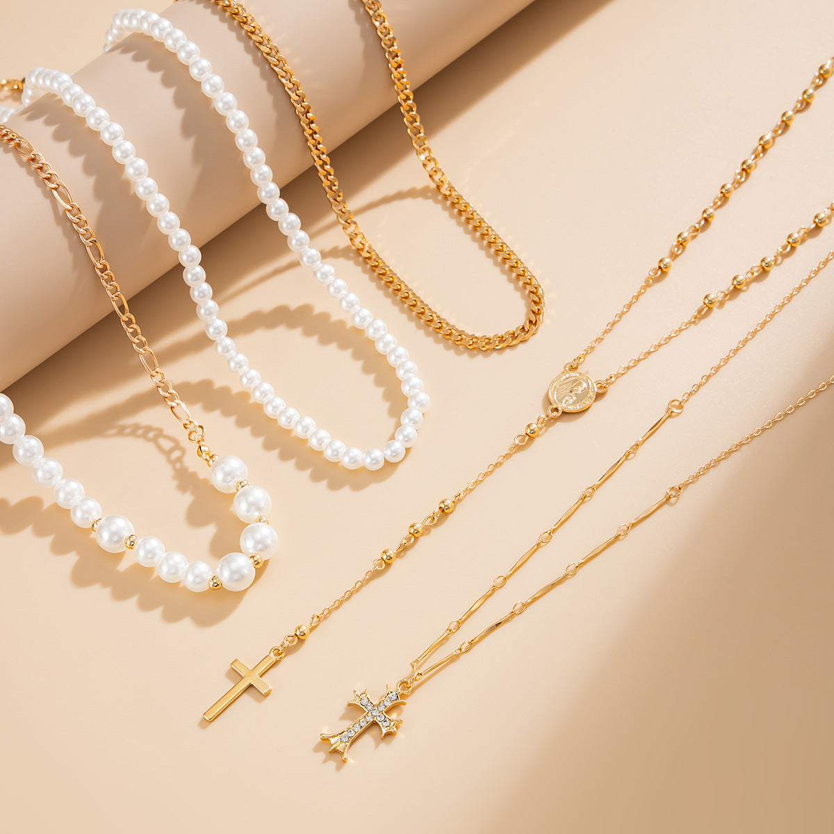 French Stacked Portrait Imitation Pearl Necklace Ethnic Exaggerated Cross Pendant