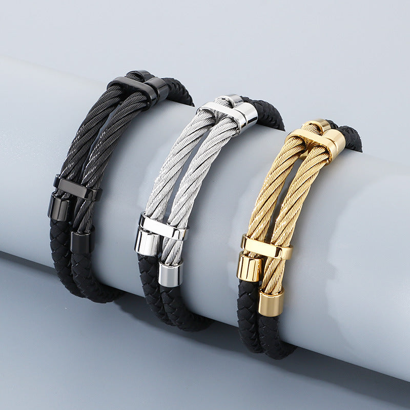 Business Style Black Double Leather Rope Leather Bracelet Layered Stainless Steel