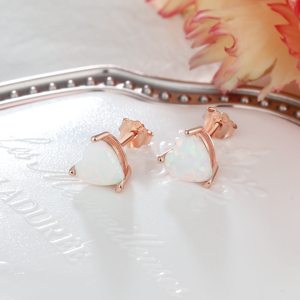 Planderful Jewelry Opal Heart Sterling Silver Stud Earrings With Rose Gold Accent