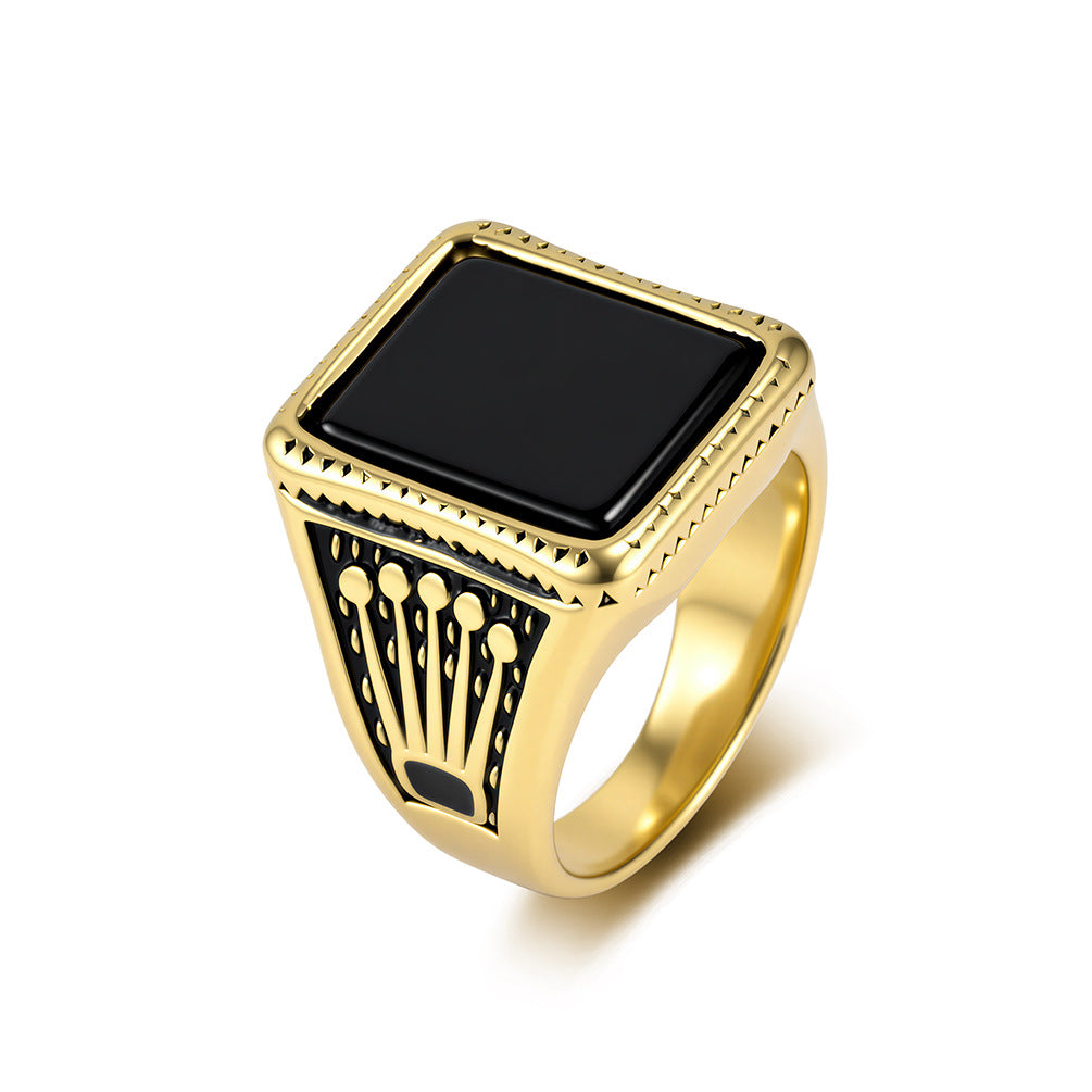 Crown Men's Stainless Steel Ring Square Glass Gemstone Seal Stainless Steel Men's