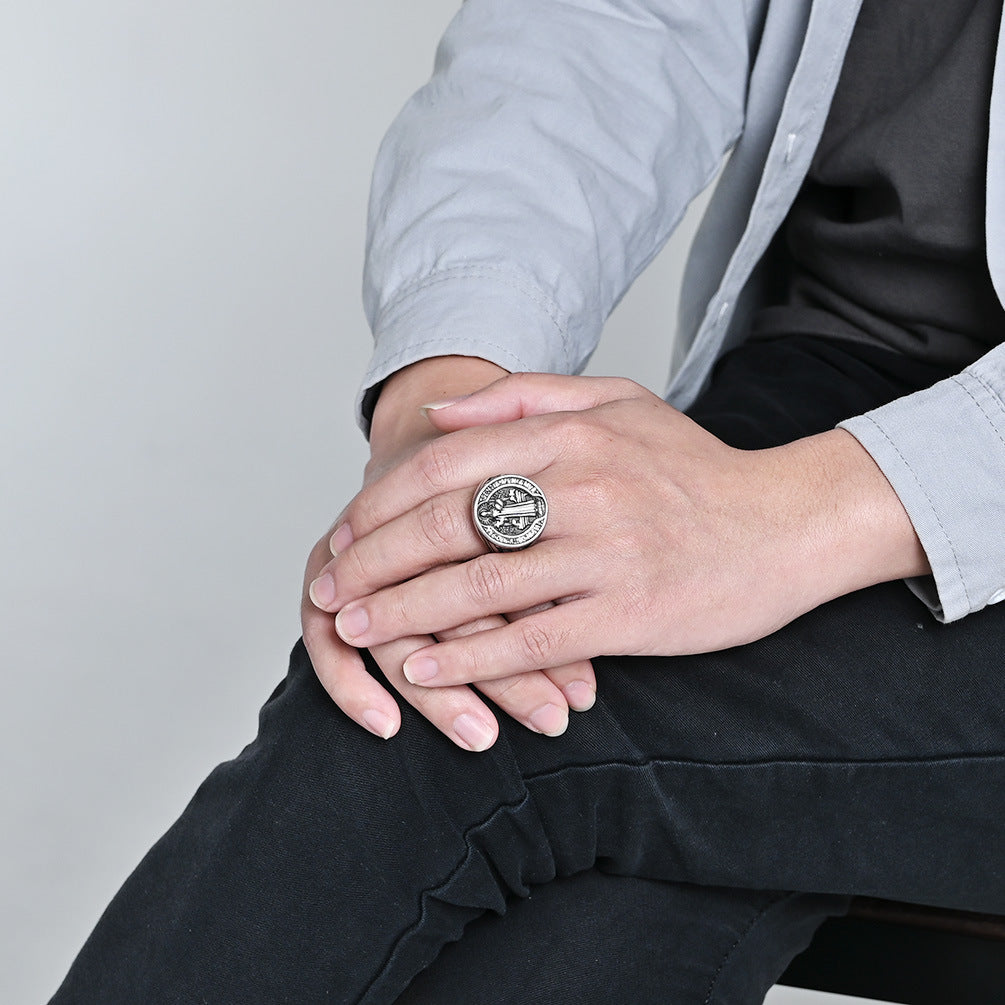 Planderful St Benedict Ring For Men Titanium Steel Durable Iconic Exorcism Symbol Jewelry
