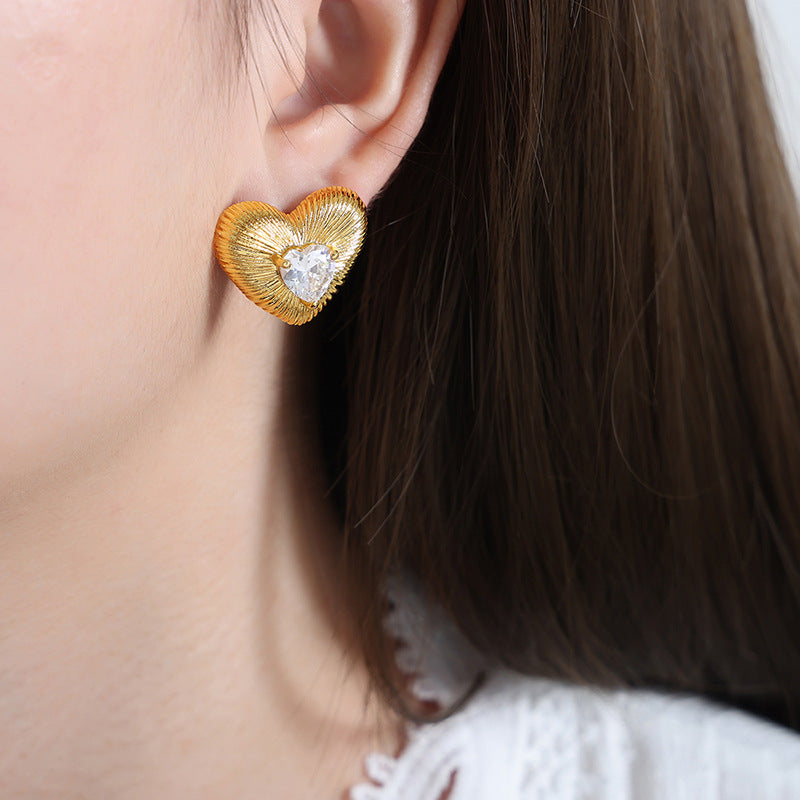 Textured Heart-Shaped Zircon Stud Earrings with French Flair