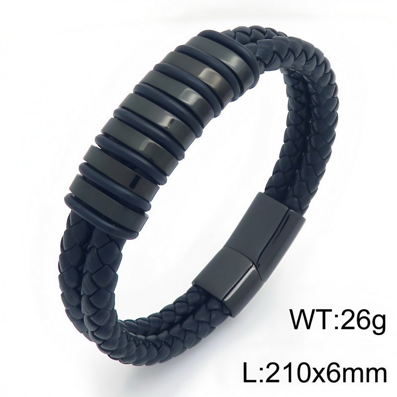 Blue/Black Leather Bracelet Double Layer Braided Microfiber Leather Stainless Steel