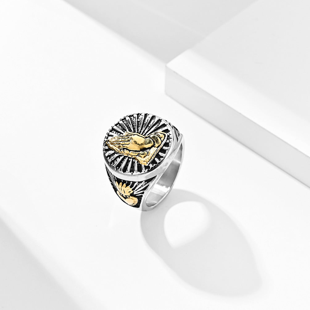 Planderful Titanium Steel 18K Gold Prayer Hand Men's Ring