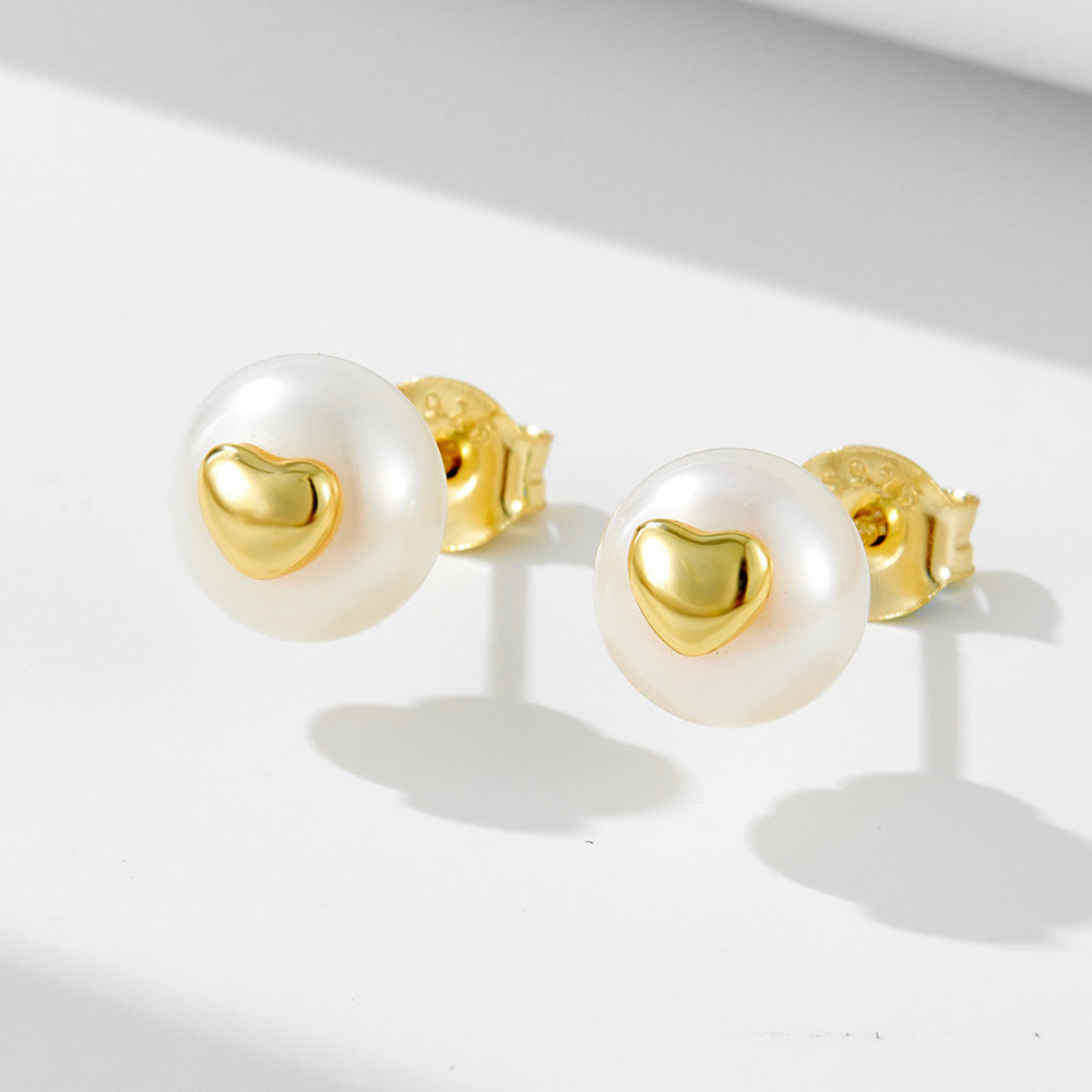 S925 Sterling Silver Xiaoxiangfeng Natural Pearl Stud Earrings French Premium Heart Earrings Ear