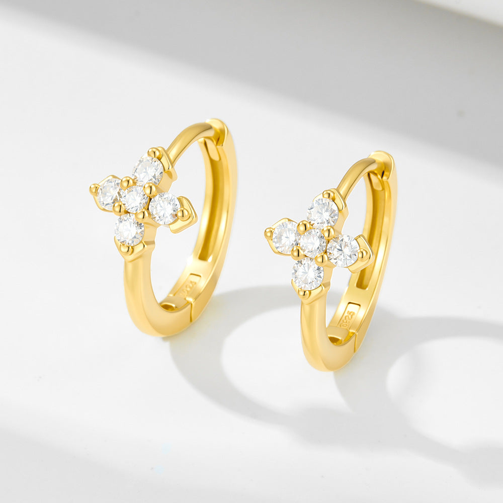 S925 Sterling Silver Plated 14k Gold Clover Ear Buckle Commuter Zircon Flower Earrings