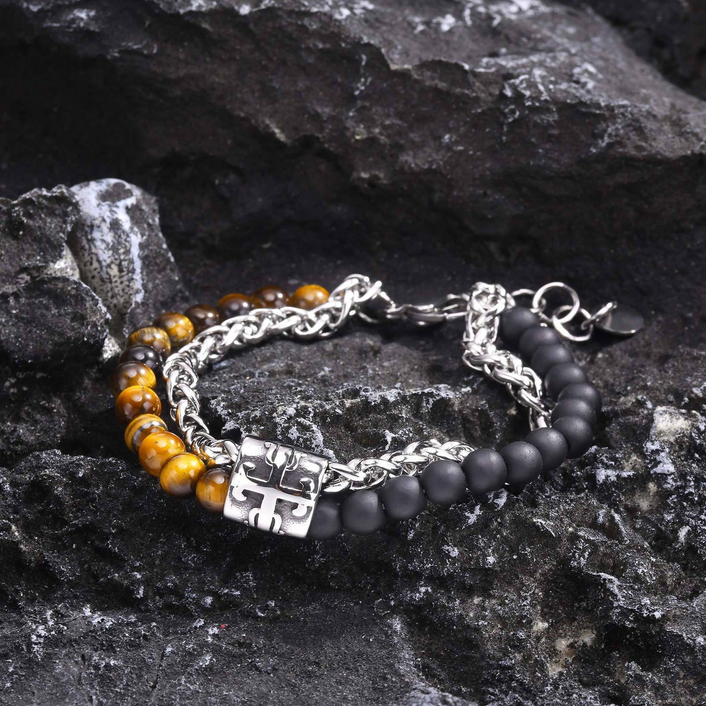 Jewelry Wholesale Stainless Steel Double Tiger's Eye Agate Cross Bracelet