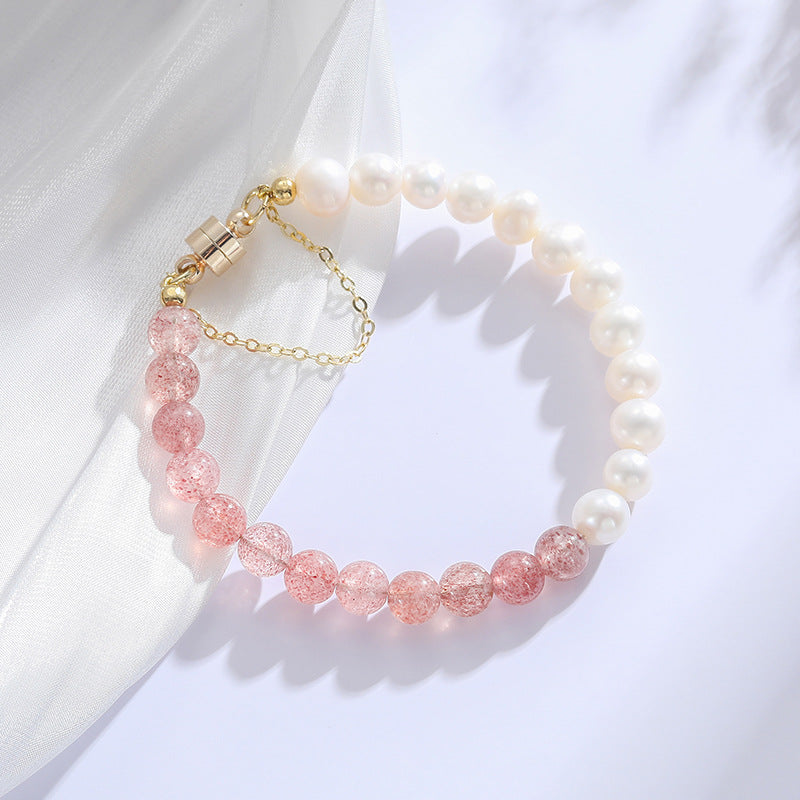 Symmetrical Design Crystal Pearl Bracelet with Natural Strawberry, Sterling Silver and Playful Sweet Style