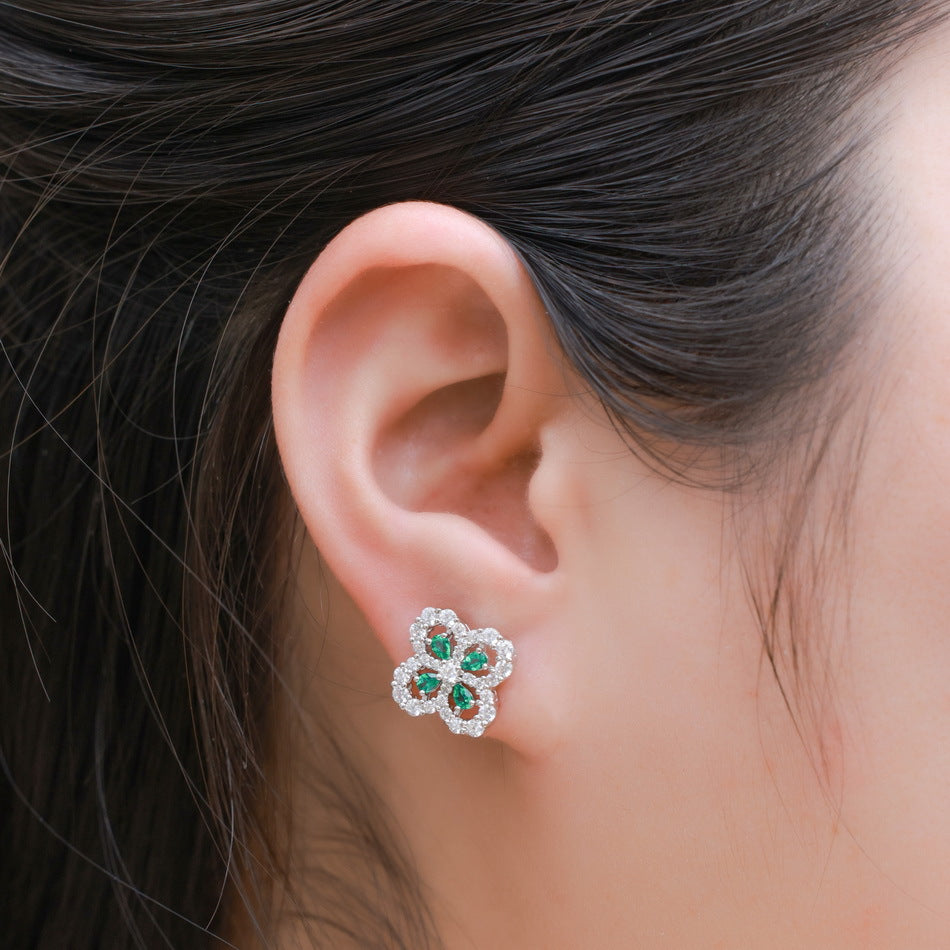 Planderful New Clover Earrings Women’s Full Zircon Sterling Silver Inlaid Lab Grown Emerald Earrings Wholesale