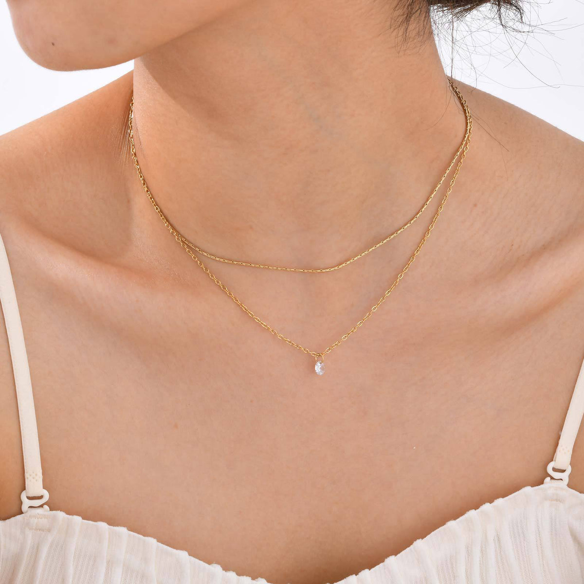 Stainless Steel Double Chain White Zircon Gold Necklace Female