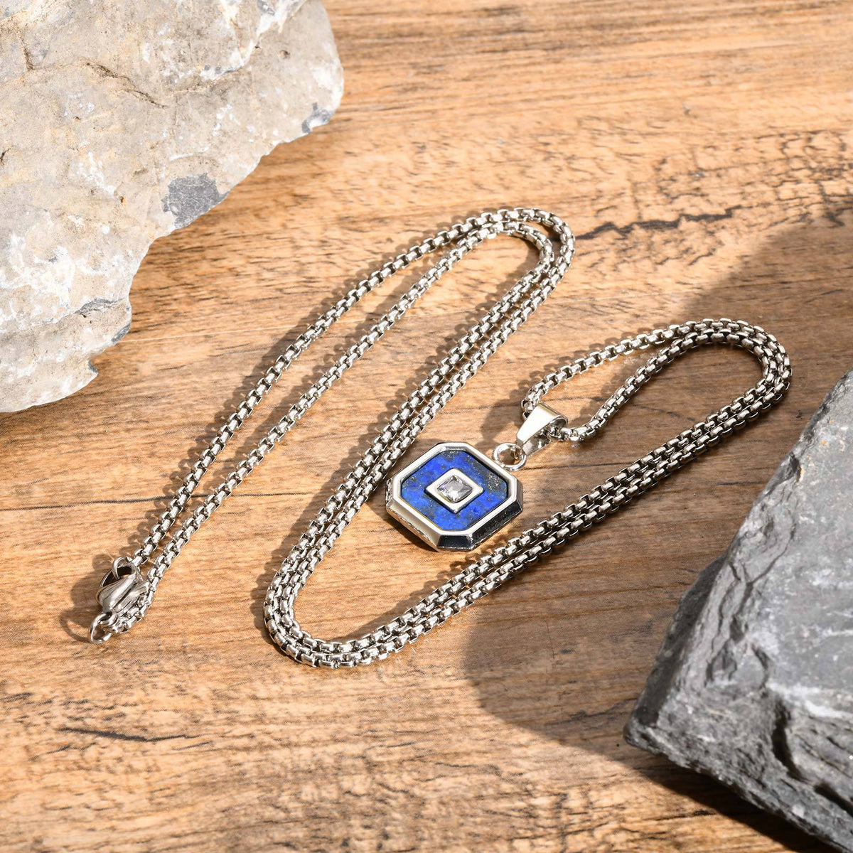Lapis Lazuli Zircon Stainless Steel Necklace for Men