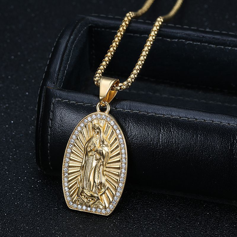 Planderful Virgin Mary Pendant Necklace Titanium Steel Gold Plated Rhinestones For Hip Hop Fans