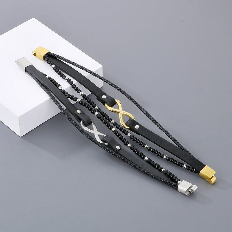 Planderful Beaded Leather Bracelet Stainless For Men Magnet