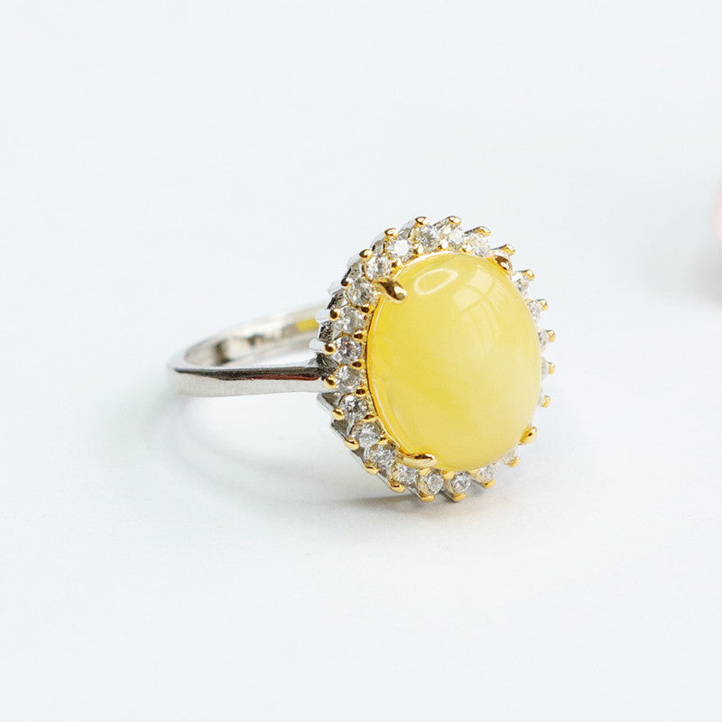 Sterling Silver Oval Beeswax Amber Zircon Ring