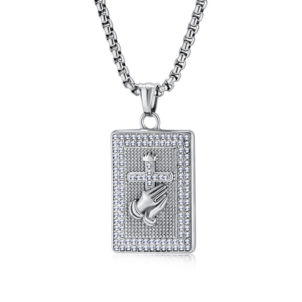 Planderful Zircon Inlaid Prayer Hand Cross Necklace For Hip Hop Fans Urban Style Premium Edition