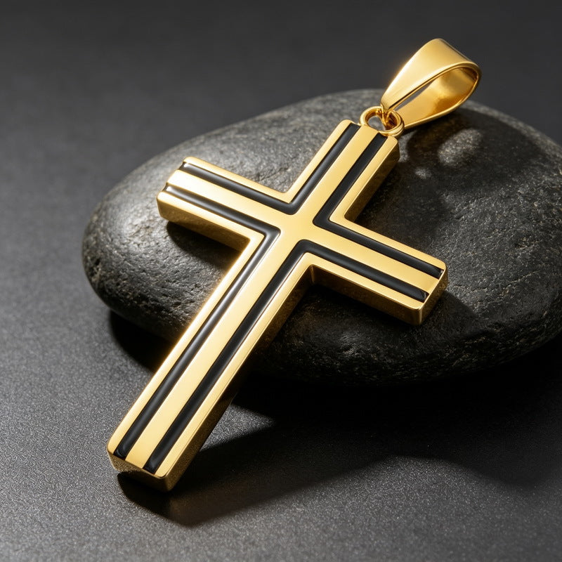 Versatile Double-Line Groove Dripping Oil Contrasting Cross Pendant, Stainless Steel Men's Pendant On Necklace